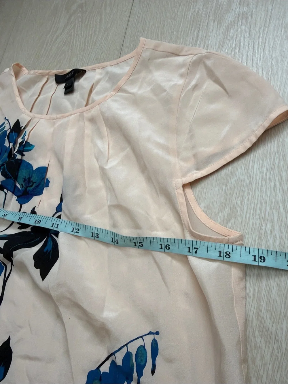 J. Crew 100% Silk Peach Short-Sleeve Blouse with Blue Floral Print